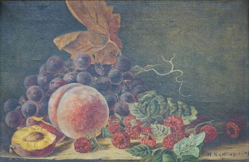 H. Snelling, oil on canvas, Still life of fruit, signed and dated 1909, 19 x 29cm, gilt framed. Condition - fair